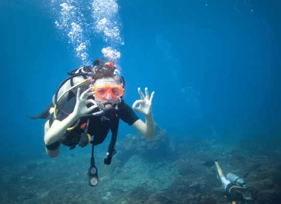 SSI certified scuba diver in Goa giving OK sign underwater at Grand Island – FlyingFish dive centre Candolim
